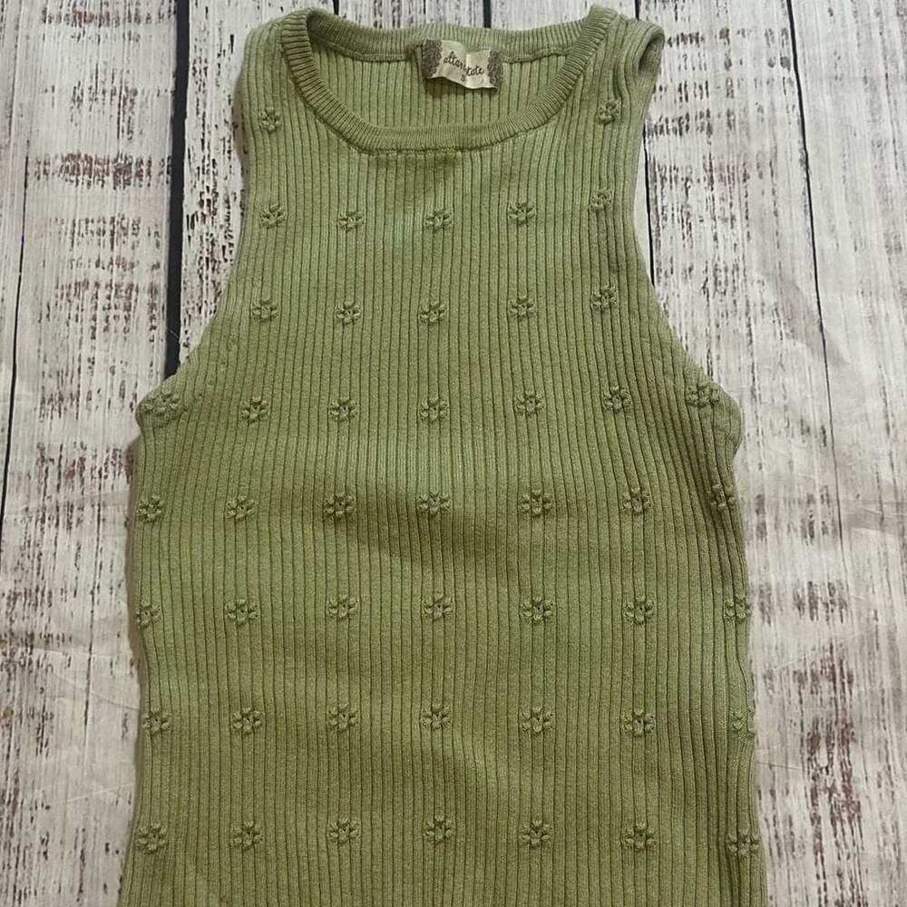 Altar'd State Green Ribbed Embroidered Flower Tank Top Size S